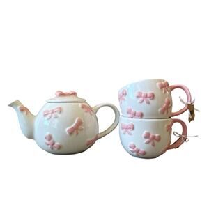 Lang Design Hand Painted Pink Bow Ceramic Teapot and Set of 2 Mugs New